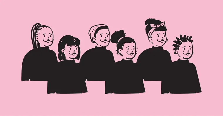 Seven people, pink background