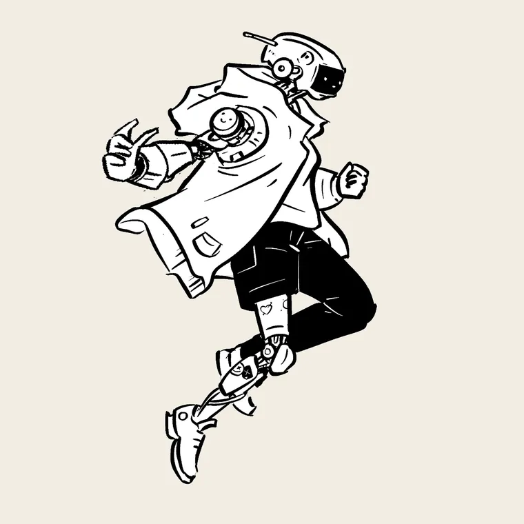 Robot mid-jump, unbothered